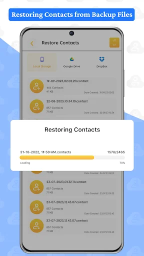 Restore Contacts from Backup Files screen showing file selection interface and restoration progress bar with percentage loading indicator