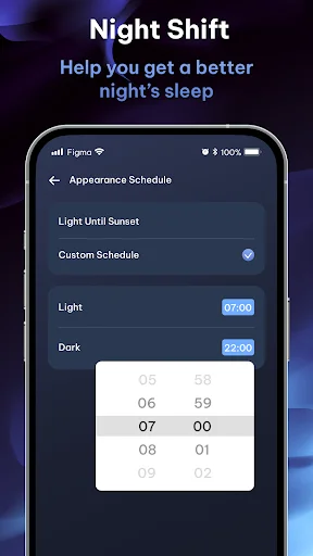 Night Shift scheduling screen with custom appearance schedule settings and time picker for light and dark mode transitions