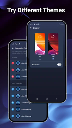 Theme customization in Simple Control Center app displaying light and dark display options with automatic toggle enabled