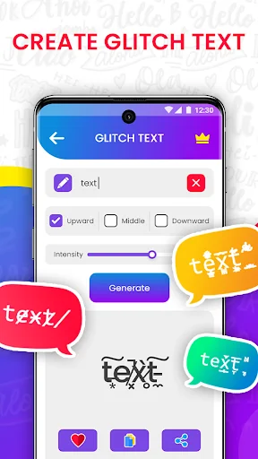 Glitch text effect tool with text input, Upward/Middle/Downward position options, intensity slider, and distorted glitch-style text output