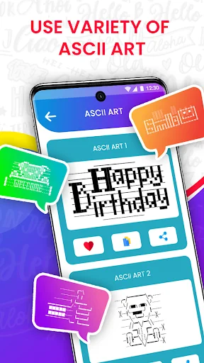 ASCII art text generator displaying variety of ASCII art designs including Happy Birthday text made with special characters