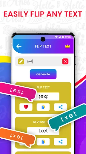 Flip text and reverse text transformer with input field, Generate button, and flipped text output examples in Fancy Text Style app