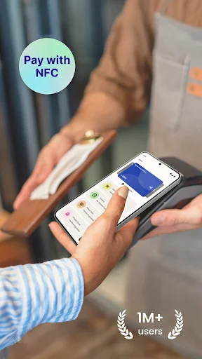 Pay with NFC feature showing smartphone contactless payment capability near terminal, trusted by over 1 million users