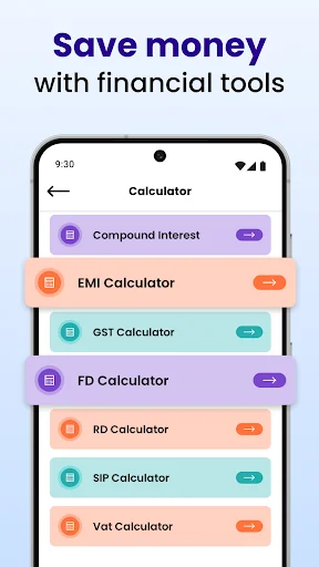 Financial Calculator tools menu with Compound Interest, EMI, GST, FD, RD, SIP and VAT calculators for money saving calculations