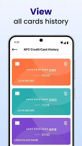 NFC Credit Card History displaying list of stored cards with masked numbers, expiry dates and cardholder names for reference