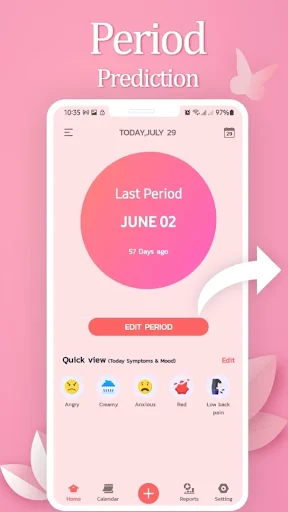 Period Tracker home screen displaying last period date June 02 with edit period button and mood tracking icons