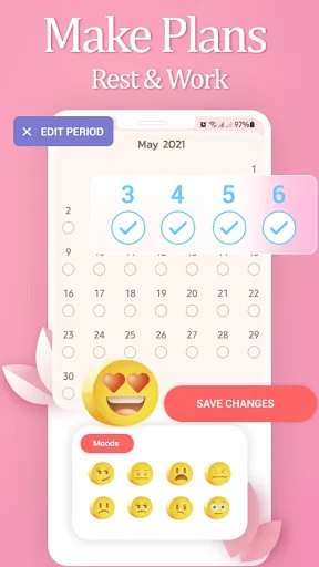 Period tracker calendar May 2021 with selected dates, mood emoji tracker, and save changes button for cycle planning