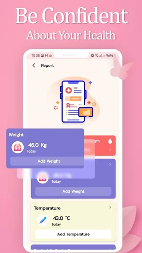 Period Tracker health report displaying weight 46.0 Kg and temperature 48.0°C tracking for women's wellness