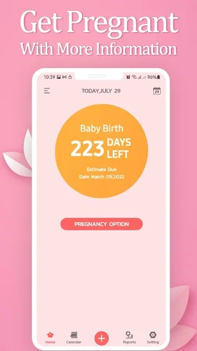 Pregnancy countdown timer in Period Tracker showing 223 days until baby birth with estimated due date March 05 2022
