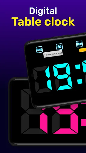LED Digital Table Clock app showcase featuring cyan and magenta LED digit displays on multiple smartphone screens with purple background