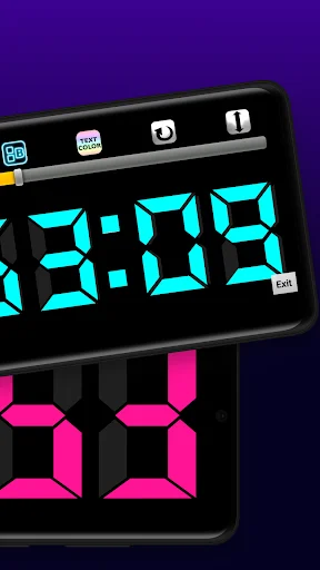 LED Digital Table Clock main interface showing large cyan LED time display with toolbar containing calendar, settings, camera, and info icons