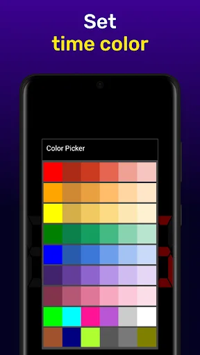 Color Picker menu in LED Digital Table Clock app displaying rainbow gradient color options for customizing the digital clock display color