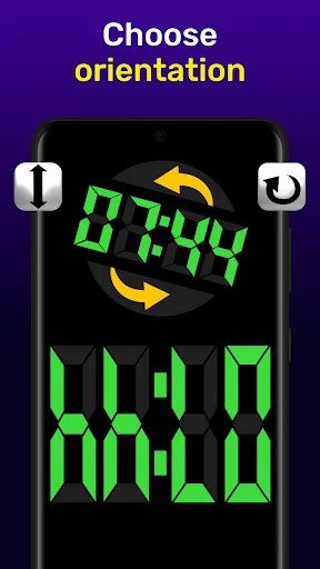 Orientation selection screen in LED Digital Table Clock app with rotation arrows and portrait and landscape layout options for LED clock display