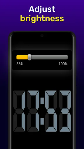 Brightness adjustment slider in LED Digital Table Clock app with range control from 36% to 100% to adjust clock display intensity