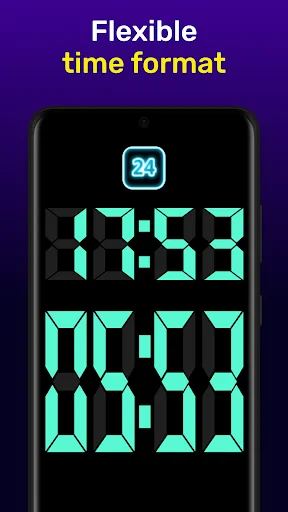 Time format selector in LED Digital Table Clock app showing 12-hour and 24-hour display format toggle with cyan LED number examples