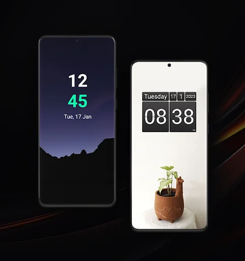 Two phone displays showing customizable digital clock widgets: dark mountain-themed widget with 12:45 time display and light plant-themed widget with 08:38 flip-style time display, demonstrating design variety