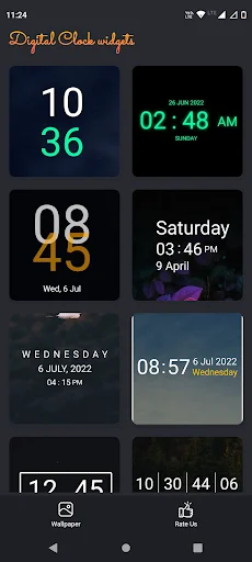 Digital Clock Widget customization gallery showing multiple clock widget styles with different formats, colors, and backgrounds including AM-PM time display options