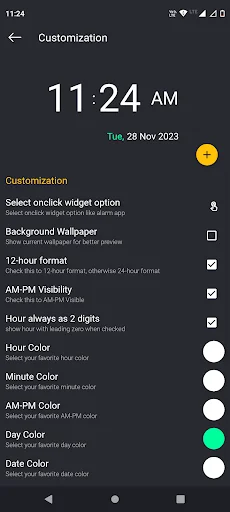 Customization settings panel for Digital Clock Widget with toggles for 12-hour format, AM-PM visibility, digit options, and color picker controls for hours, minutes, day and date