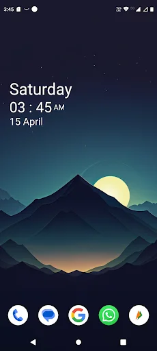 Digital clock widget on home screen displaying Saturday 03:45 AM with 15 April date over mountain landscape background wallpaper