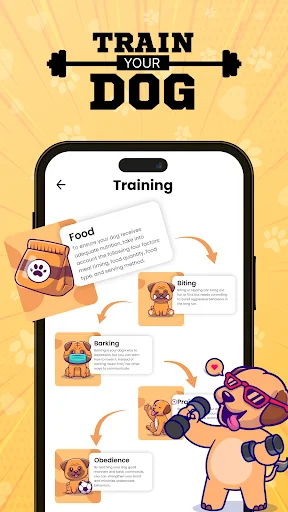 Dog Talk training guide screen displaying dog training instructions for food, biting, ignoring and obedience behaviors