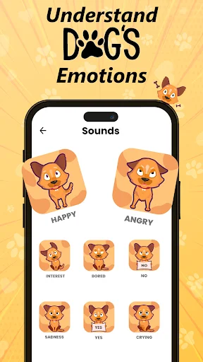 Dog emotions sounds guide showing happy, angry, hungry, scared, sad, worried, yes and crying dog emotion states