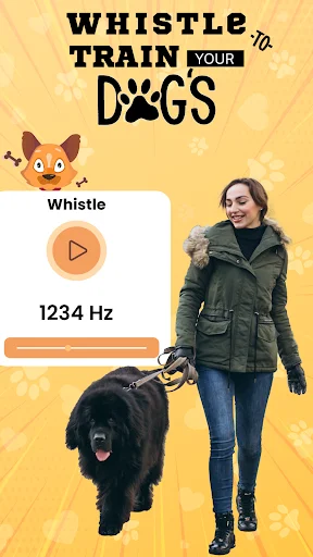 Dog whistle trainer screen with 1234 Hz frequency control and play button for dog training commands