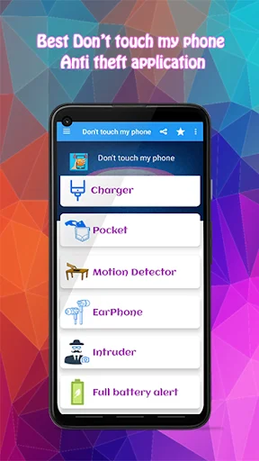 Anti-theft alarm menu showing Charger, Pocket, Motion Detector, Intruder, and battery protection features