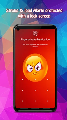 Fingerprint authentication lock screen with angry emoji and alarm protection against unauthorized access