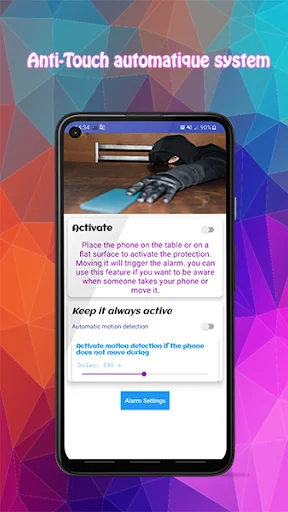 Auto-detection system settings for phone movement monitoring and anti-touch protection alarm activation