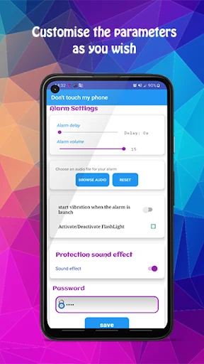 Customizable alarm settings panel with volume, delay, vibration, sound effects, and password configuration