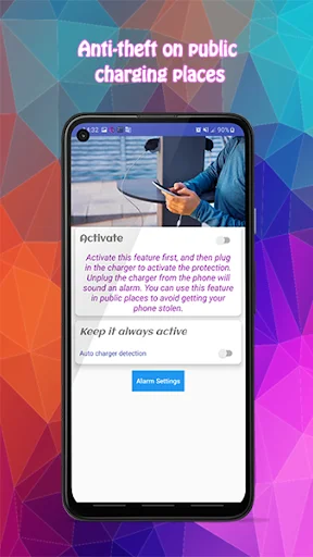 Charger theft protection settings alerting when charger is disconnected from phone in public places