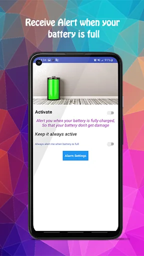 Battery full alert notification settings preventing overcharging and protecting phone battery health