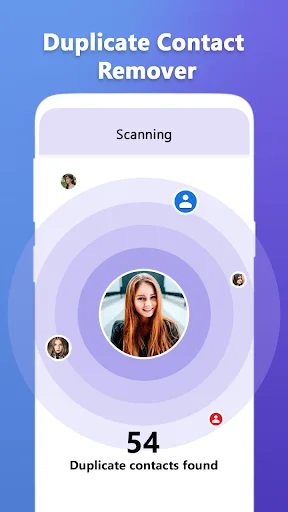 Duplicate Contact Remover scanning interface showing 54 duplicate contacts found with animated scan circles and preview of contact avatars being analyzed