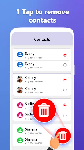 One-tap delete feature showing how to remove duplicate contacts with red trash icon buttons and hand gesture pointing at removal option