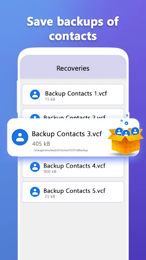 Backup and recovery feature displaying saved contact backup files in VCF format with different file sizes for contact restoration
