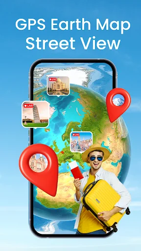 GPS Earth Map Street View app homepage with interactive globe, location pins, landmark photos, and traveler ready to explore destinations worldwide