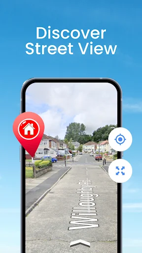 Discover Street View feature showing street-level navigation on smartphone with red location marker, satellite positioning button, and road view of residential area