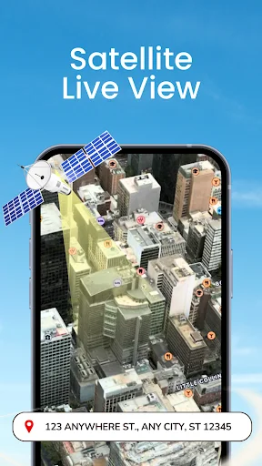 Satellite Live View feature displaying 3D aerial city buildings from satellite perspective with address location bar and isometric map visualization