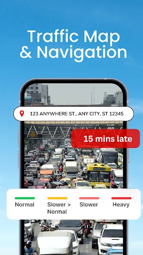 Traffic Map and Navigation feature with real-time traffic conditions, 15-minute delay indicator, traffic intensity levels, and live street view of crowded intersection