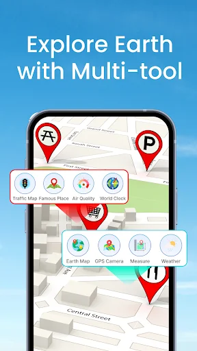 Explore Earth Multi-tool interface with various navigation tools including Traffic Map, Famous Places, Air Quality, World Clock, parking, restaurants, and location markers