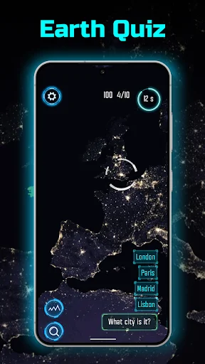 Earth Quiz game interface with nighttime satellite map showing European cities and 'What city is it?' trivia question