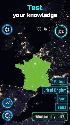 Test your knowledge trivia round with green highlighted country and multiple choice options with 12.5 second timer