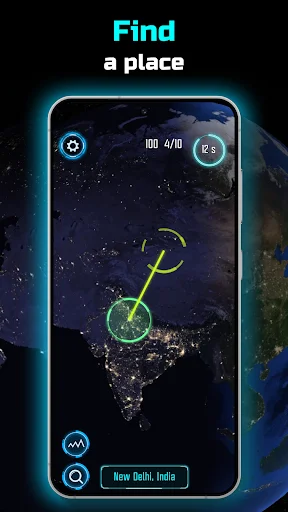 Find a place quiz level with location marker on satellite map showing New Delhi, India with targeting interface