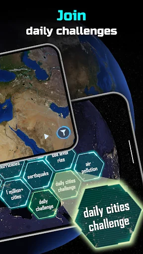 Daily challenges screen with Earth globe and challenge categories including daily cities, earthquakes, and pollution