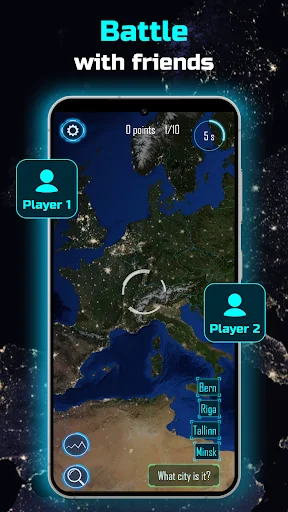 Multiplayer battle mode with European map showing two players competing in city identification trivia challenge