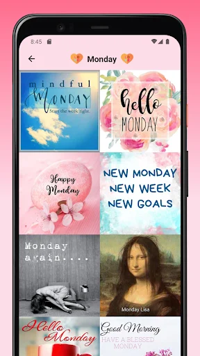 Monday blessings grid layout with multiple inspirational card designs, positive messages, and decorative imagery