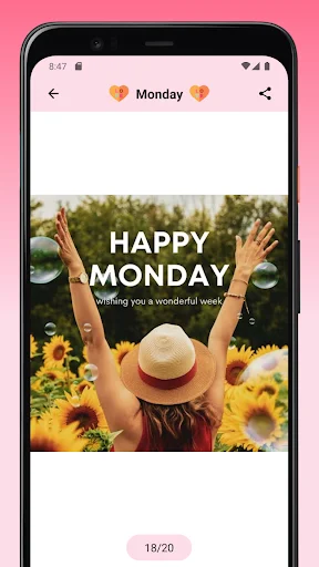 Monday wishes detail view with Happy Monday greeting, sunflower field image, inspirational affirmation, wish 18 of 20