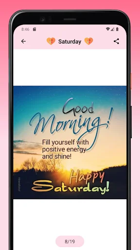 Saturday wishes detail with Good Morning and Happy Saturday blessing on sunrise image, showing wish 8 of 19