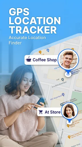 GPS location tracker showing accurate family member locations on map at coffee shop and store with profile icons