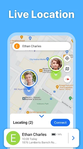 Live location map displaying real-time positions of multiple family members with their profiles and connect button